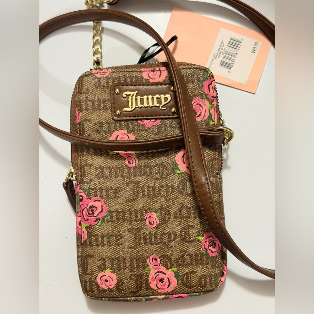 Juicy Couture Brown Crossbody Bag with Pink Floral Print